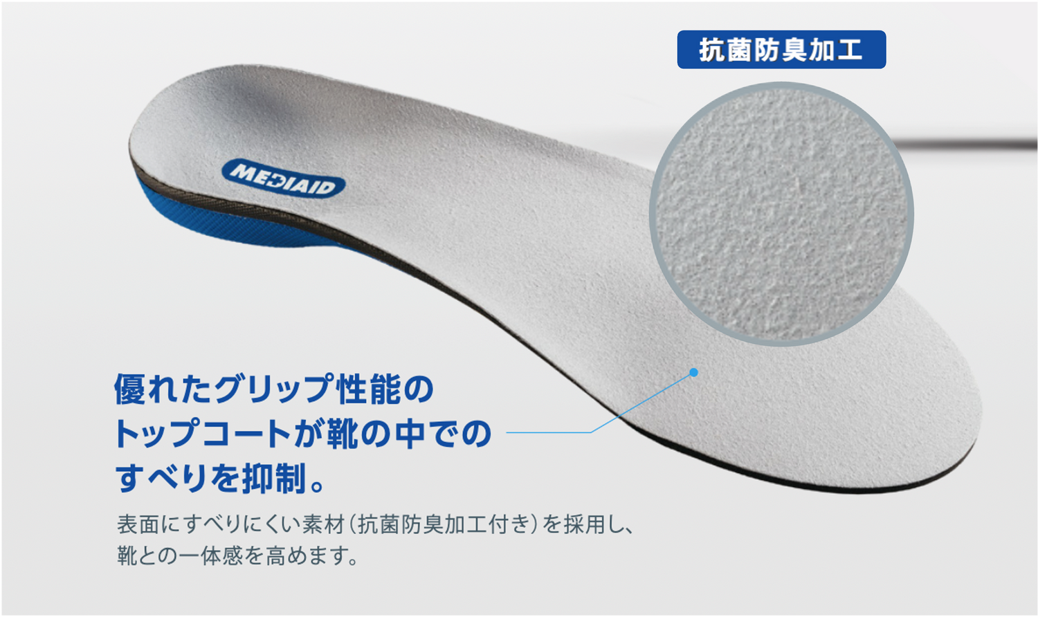 面にすべりにくい素材(抗菌防臭加工付き)を採用し、靴との一体感を高めます。